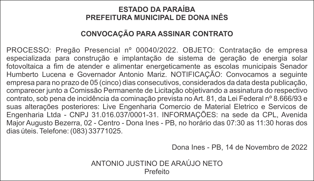 PREFEITURA MUNICIPAL DE DONA INÊS – CONVOCAÇÃO PARA ASSINAR CONTRATO