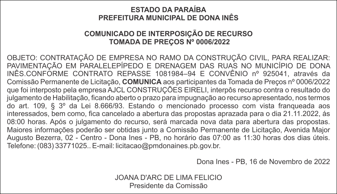 PREFEITURA MUNICIPAL DE DONA INÊS – COMUNICADO DE INTERPOSIÇÃO DE RECURSO – TOMADA DE PREÇOS Nº 0006/2022