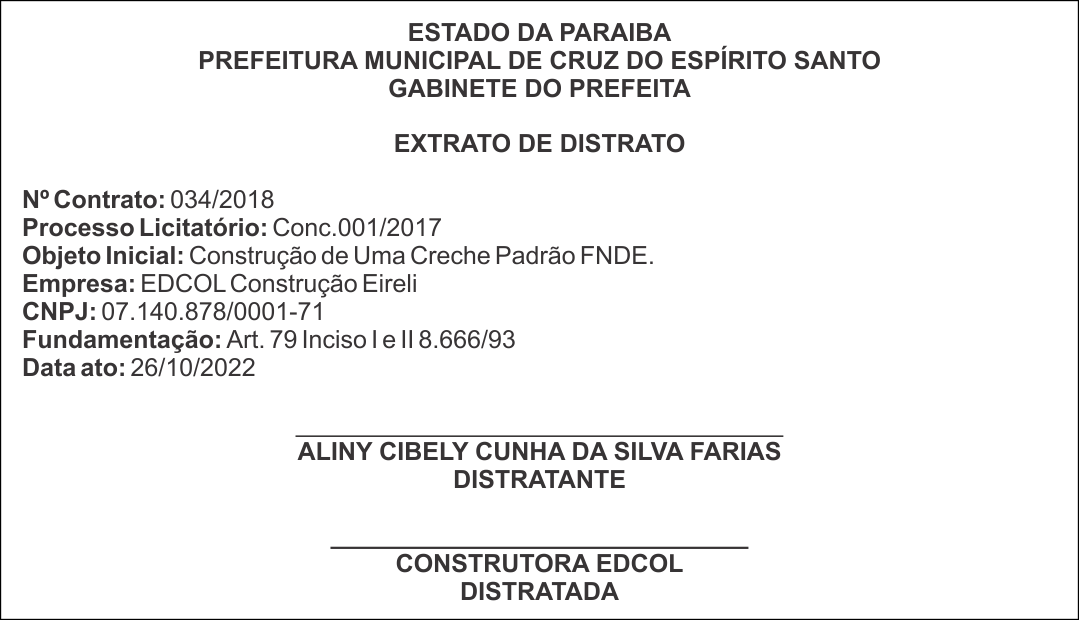 PREFEITURA MUNICIPAL DE CRUZ DO ESPÍRITO SANTO – EXTRATO DE DISTRATO