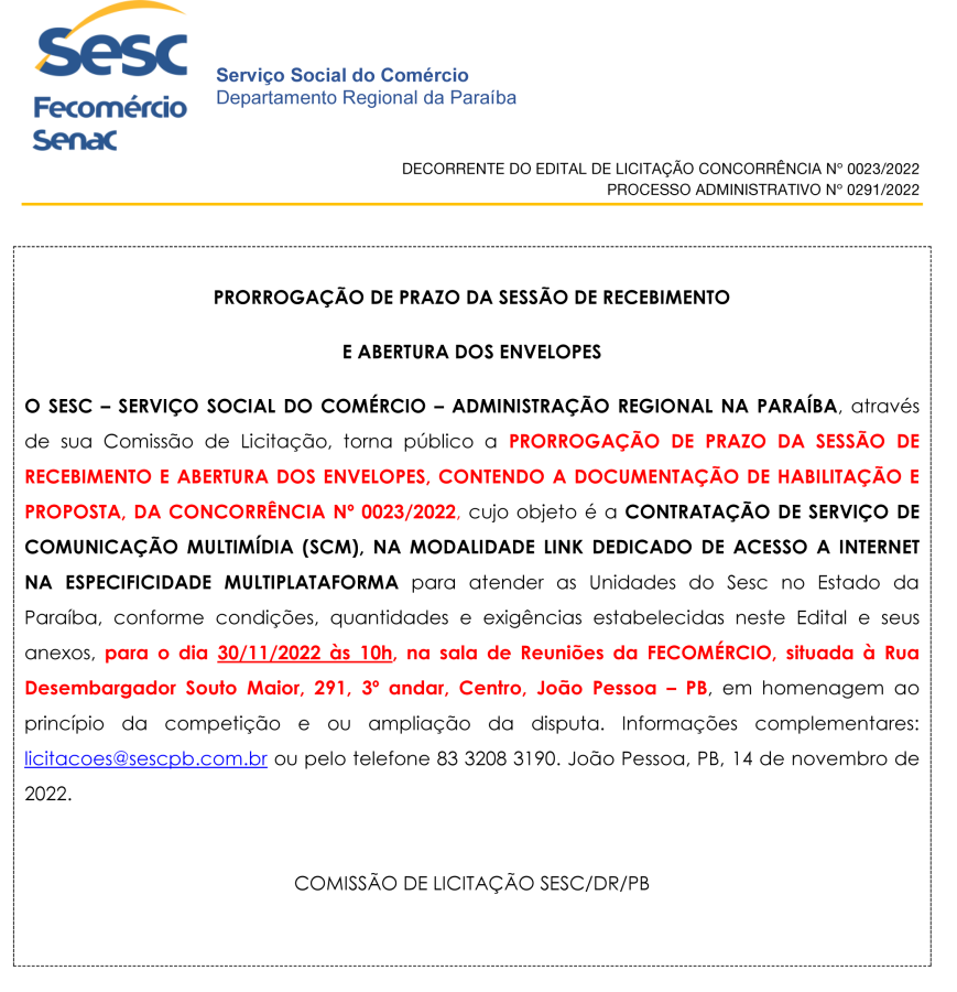 SESC-PB – PRORROGAÇÃO DE PRAZO DA SESSÃO DE RECBIMENTO E ABERTURA DOS ENVELOPES – CONCORRÊNCIA Nº 023/2022