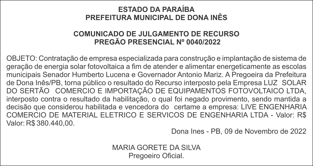 PREFEITURA MUNICIPAL DE DONA INÊS – COMUNICADO DE JULGAMENTO DE RECURSO – PREGÃO PRESENCIAL Nº 0040/2022