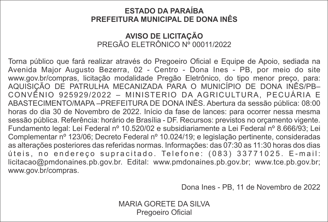 PREFEITURA MUNICIPAL DE DONA INÊS – AVISO DE LICITAÇÃO – PREGÃO ELETRÔNICO Nº 00011/2022