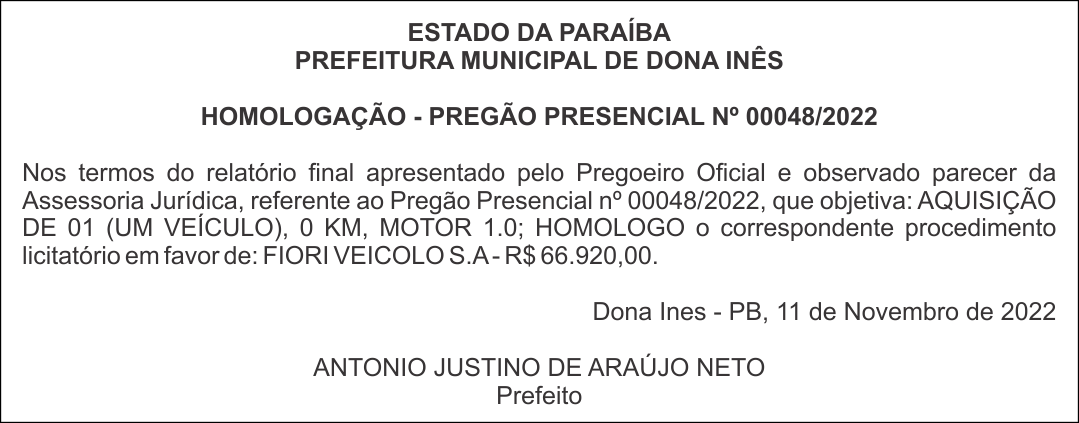 PREFEITURA MUNICIPAL DE DONA INÊS – HOMOLOGAÇÃO – PREGÃO PRESENCIAL Nº 00048/2022
