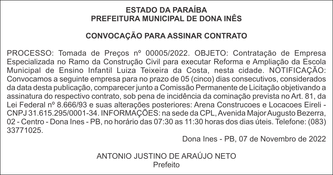 PREFEITURA MUNICIPAL DE DONA INÊS – CONVOCAÇÃO PARA ASSINAR CONTRATO – TP nº 00005/2022.