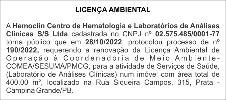 LICENÇA AMBIENTAL – HEMOCLIN – PROCESSO DE Nº 190/2022