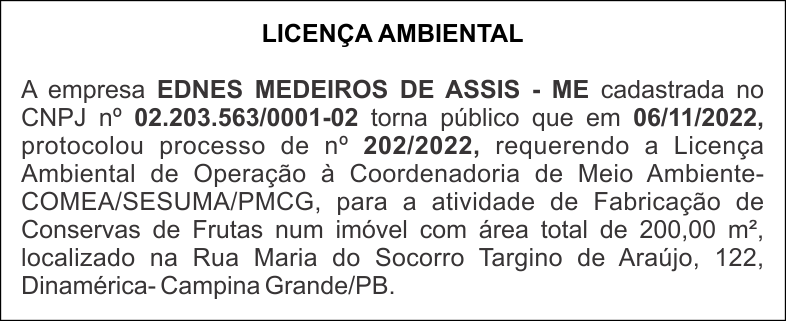 LICENÇA AMBIENTAL – EDNES MEDEIROS DE ASSIS ME
