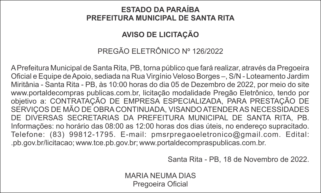 PREFEITURA MUNICIPAL DE SANTA RITA – AVISO DE LICITAÇÃO – PREGÃO ELETRÔNICO Nº 126/2022