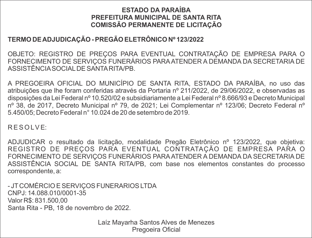 PREFEITURA MUNICIPAL DE SANTA RITA – TERMO DE ADJUDICAÇÃO – PREGÃO ELETRÔNICO Nº 123/2022