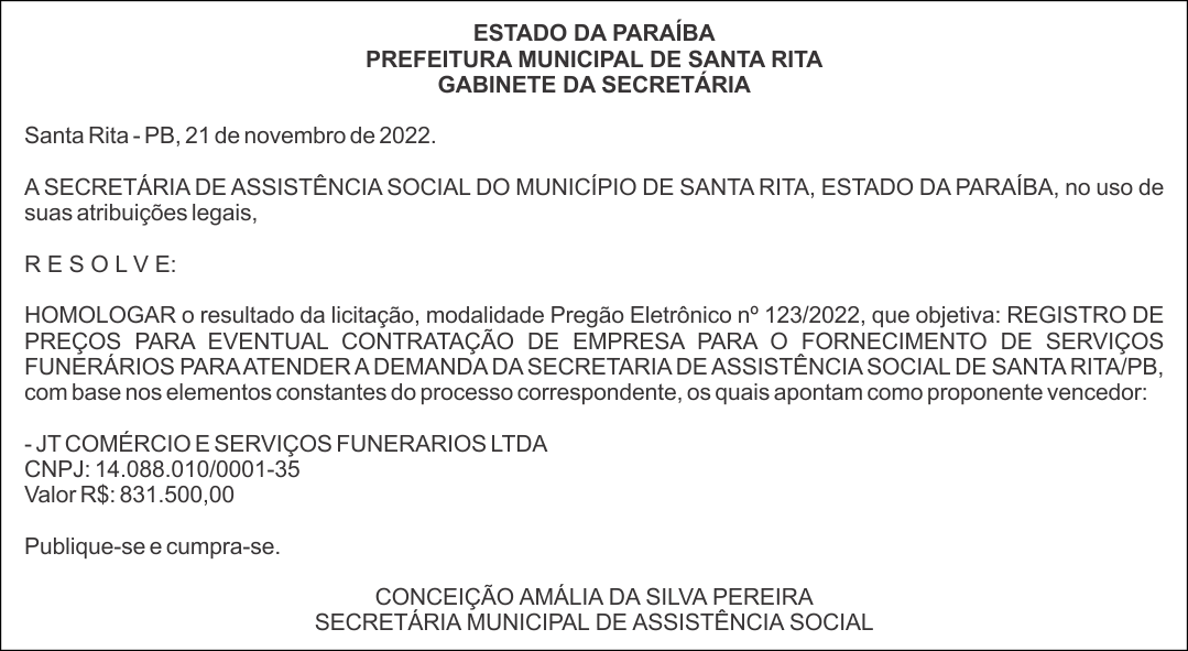 PREFEITURA MUNICIPAL DE SANTA RITA – HOMOLOGAÇÃO – PREGÃO ELETRÔNICO Nº 123/2022