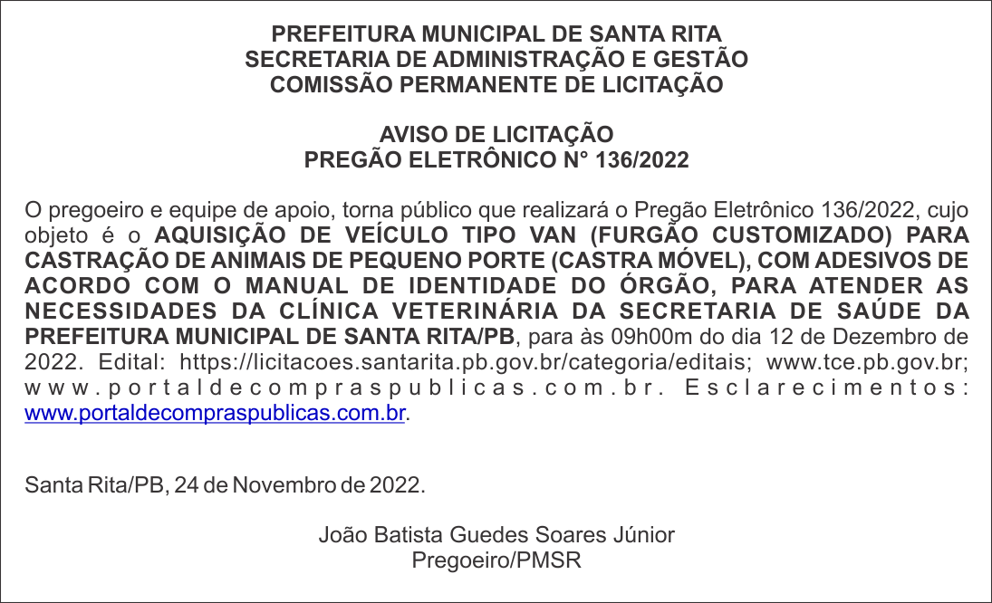 PREFEITURA MUNICIPAL DE SANTA RITA – AVISO DE LICITAÇÃO – PREGÃO ELETRÔNICO N° 136/2022