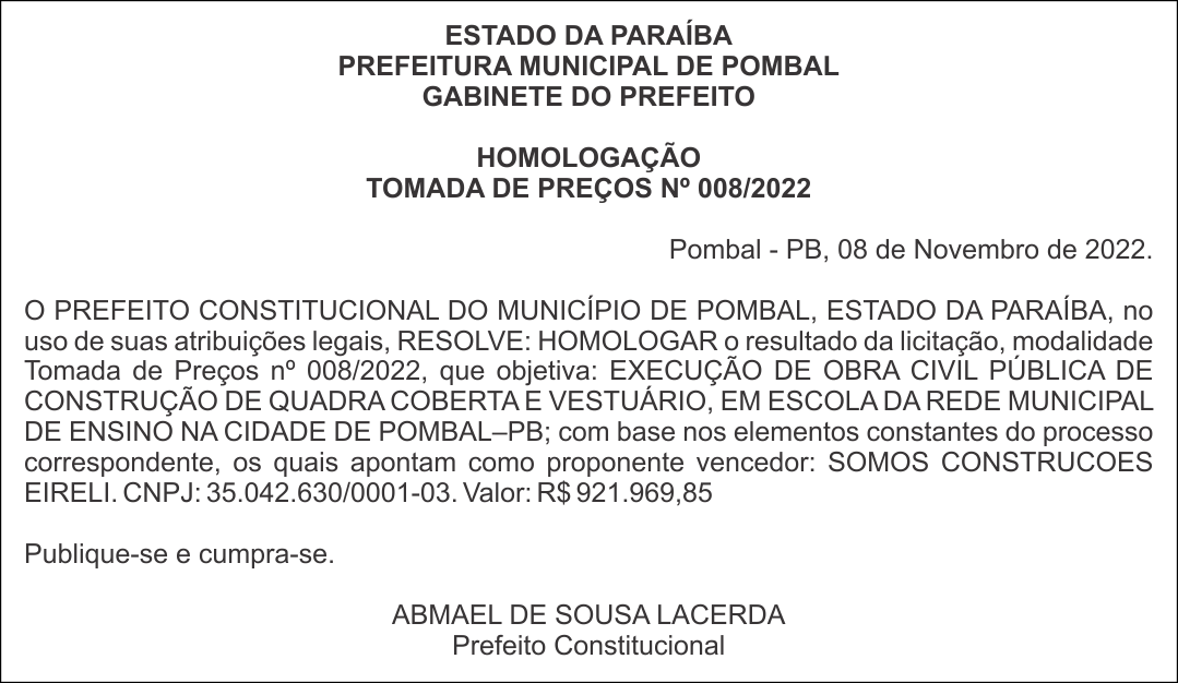 PREFEITURA MUNICIPAL DE POMBAL – HOMOLOGAÇÃO – TOMADA DE PREÇOS Nº 008/2022