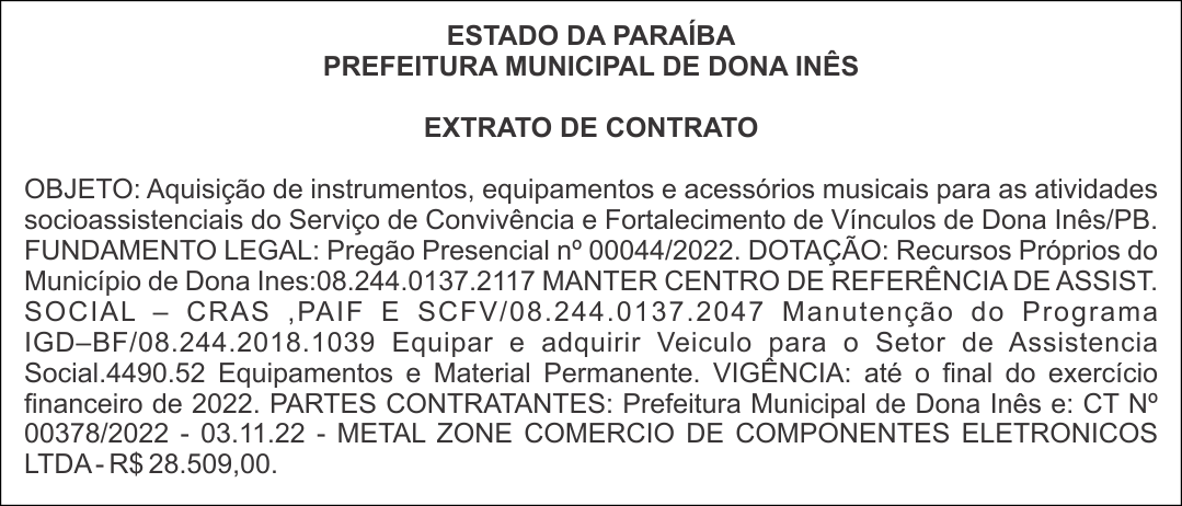 PREFEITURA MUNICIPAL DE DONA INÊS – EXTRATO DE CONTRATO