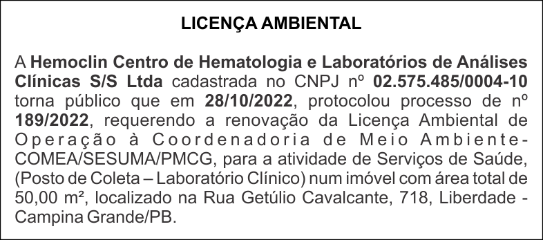 LICENÇA AMBIENTAL – HEMOCLIN – PROCESSO DE Nº 189/2022