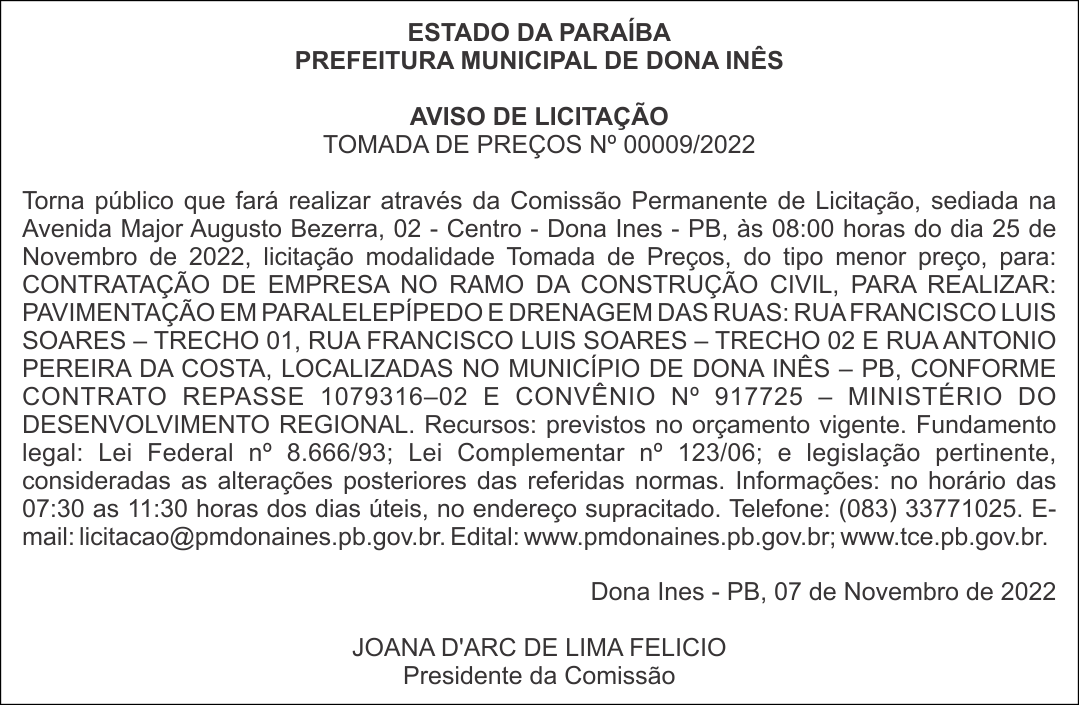 PREFEITURA MUNICIPAL DE DONA INÊS – AVISO DE LICITAÇÃO – TOMADA DE PREÇOS Nº 00009/2022