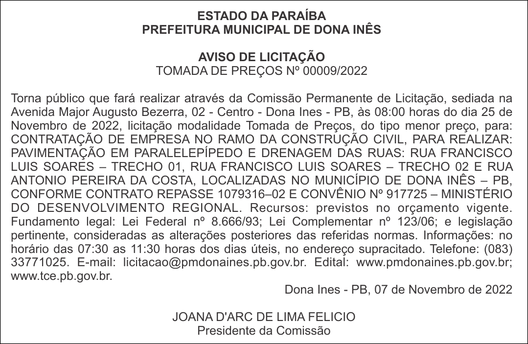 PREFEITURA MUNICIPAL DE DONA INÊS – AVISO DE LICITAÇÃO – TOMADA DE PREÇOS Nº 00009/2022
