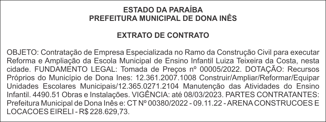 PREFEITURA MUNICIPAL DE DONA INÊS – EXTRATO DE CONTRATO