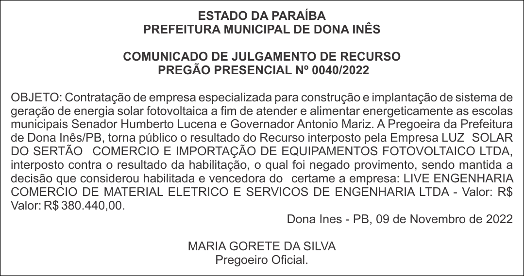 PREFEITURA MUNICIPAL DE DONA INÊS – COMUNICADO DE JULGAMENTO DE RECURSO – PREGÃO PRESENCIAL Nº 0040/2022