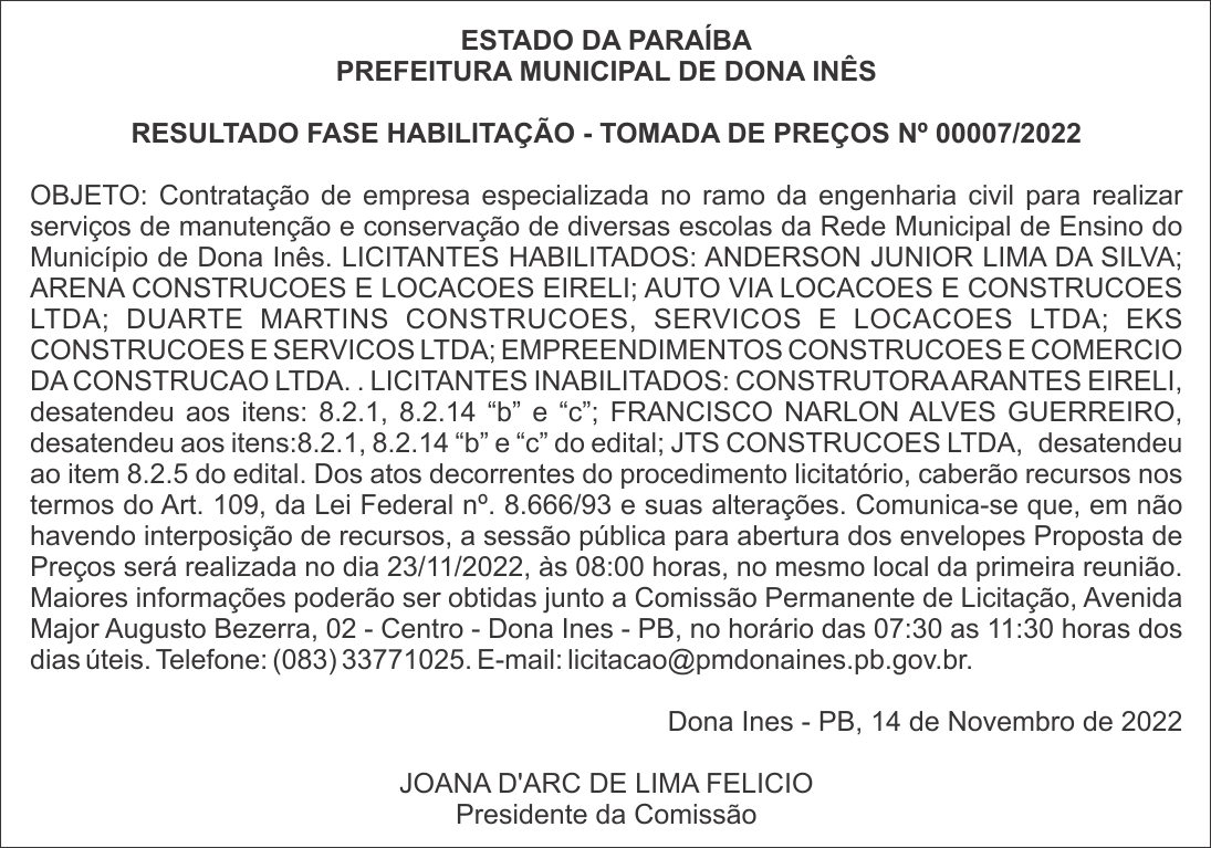 PREFEITURA MUNICIPAL DE DONA INÊS – RESULTADO FASE HABILITAÇÃO – TOMADA DE PREÇOS Nº 00007/2022