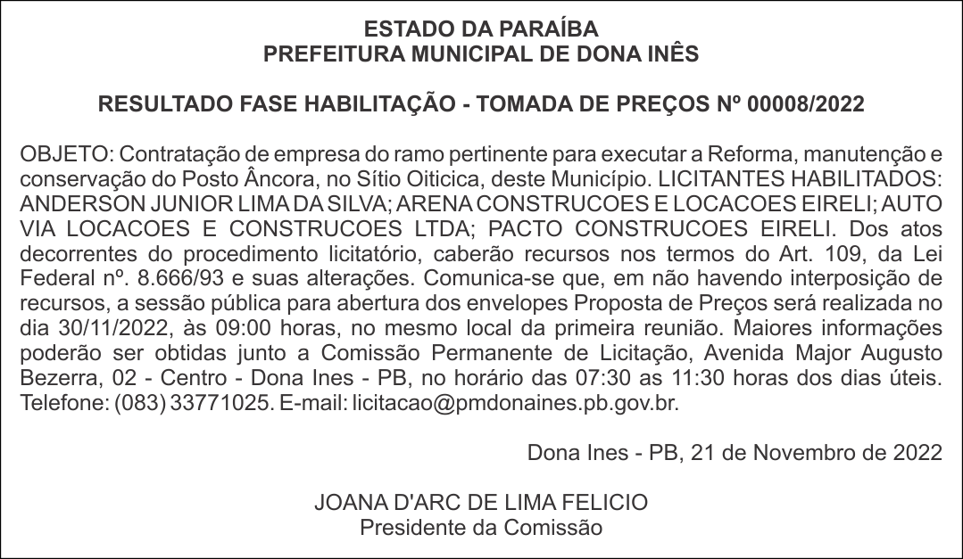 PREFEITURA MUNICIPAL DE DONA INÊS – RESULTADO FASE HABILITAÇÃO – TOMADA DE PREÇOS Nº 00008/2022