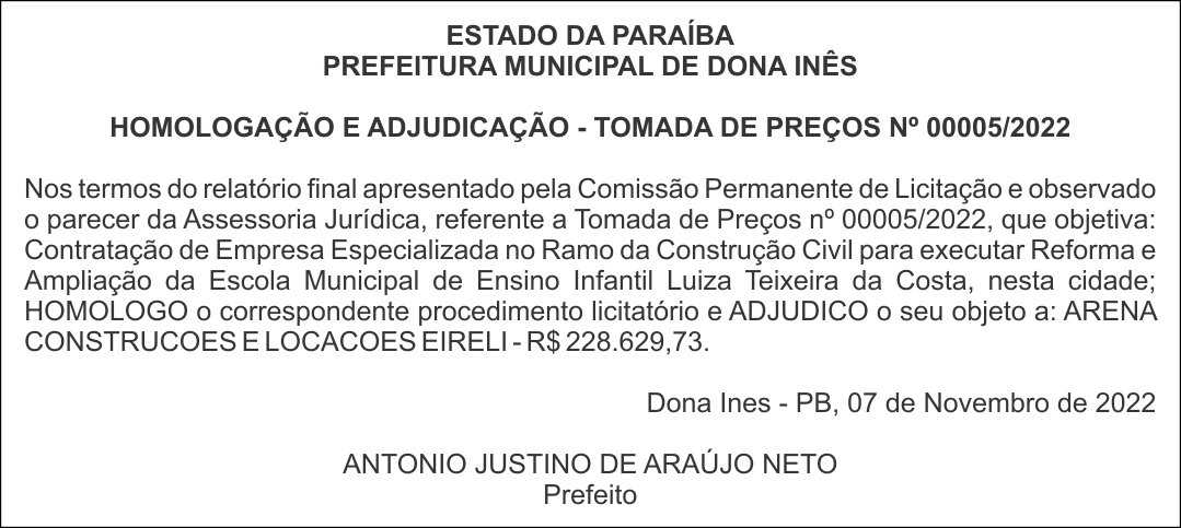 PREFEITURA MUNICIPAL DE DONA INÊS – HOMOLOGAÇÃO E ADJUDICAÇÃO – TOMADA DE PREÇOS Nº 00005/2022