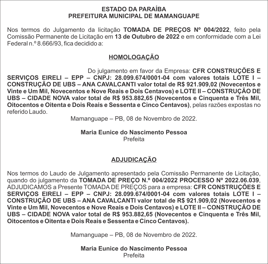 PREFEITURA MUNICIPAL DE MAMANGUAPE – TOMADA DE PREÇOS Nº 004/2022 – HOMOLOGAÇÃO E ADJUDICAÇÃO