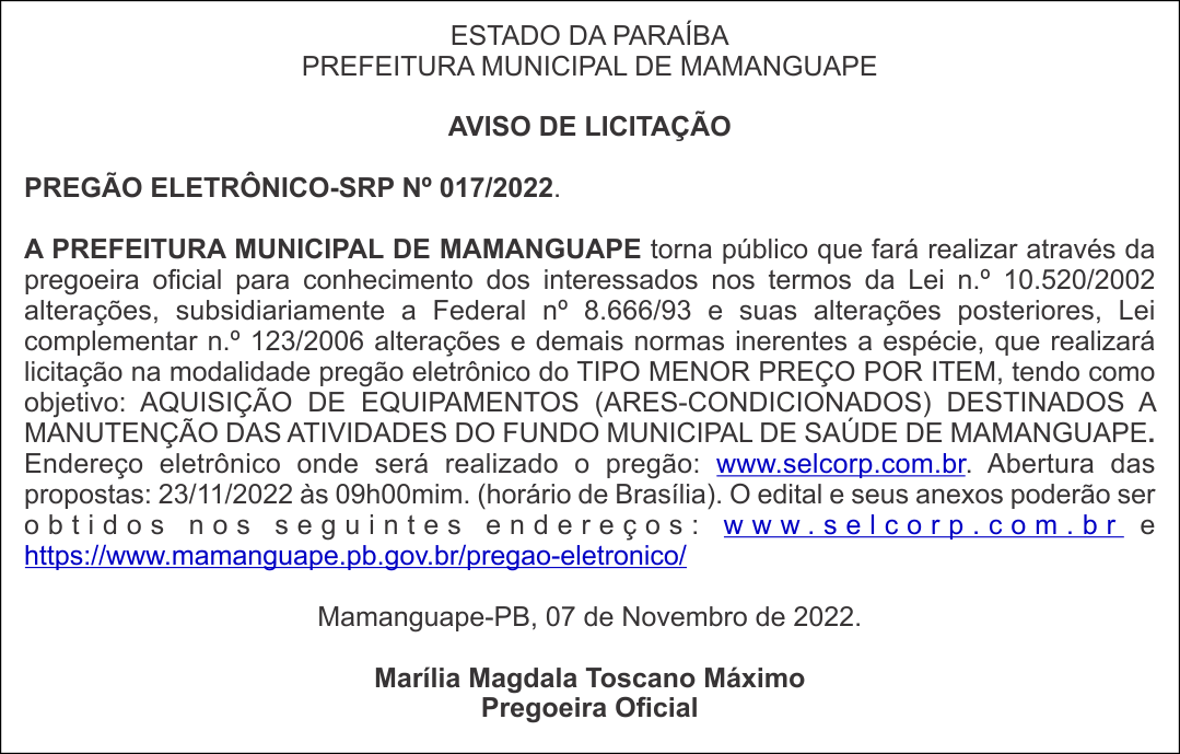 PREFEITURA MUNICIPAL DE MAMANGUAPE – AVISO DE LICITAÇÃO – PREGÃO ELETRÔNICO-SRP Nº 017/2022