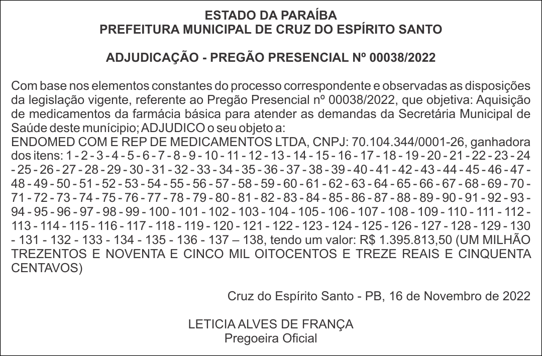 PREFEITURA MUNICIPAL DE CRUZ DO ESPÍRITO SANTO – ADJUDICAÇÃO – PREGÃO PRESENCIAL Nº 00038/2022