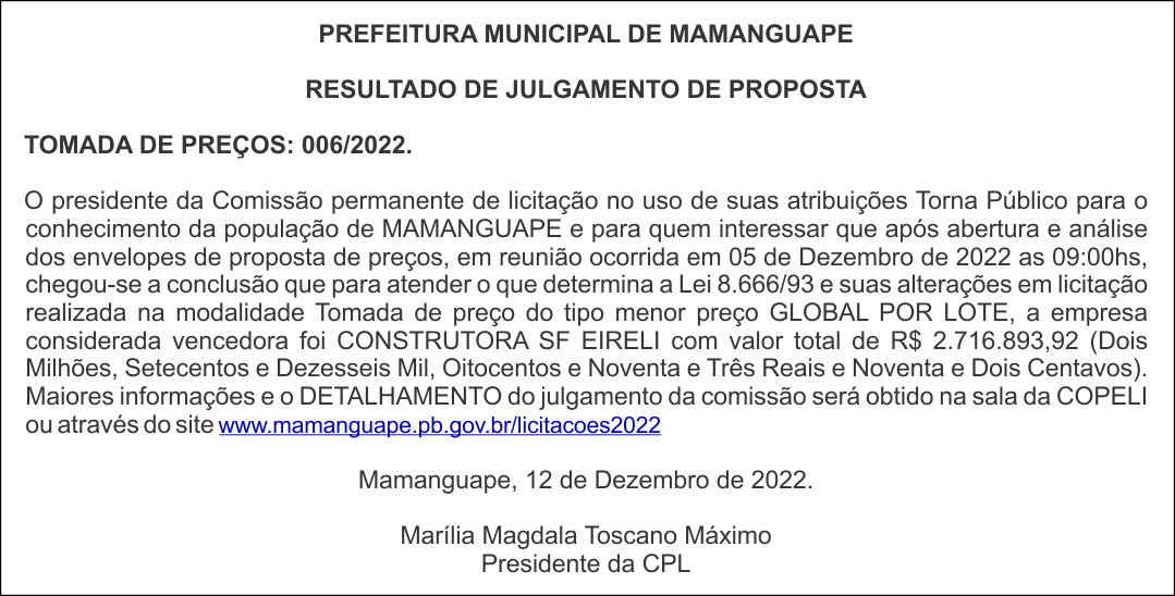 PREFEITURA MUNICIPAL DE MAMANGUAPE – RESULTADO DE JULGAMENTO DE PROPOSTA – TOMADA DE PREÇOS: 006/2022