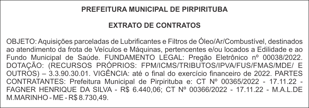 PREFEITURA MUNICIPAL DE PIRPIRITUBA – EXTRATO DE CONTRATOS