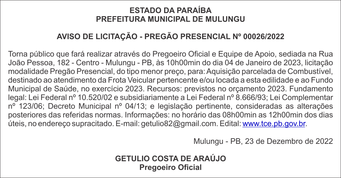 PREFEITURA MUNICIPAL DE MULUNGU – AVISO DE LICITAÇÃO – PREGÃO PRESENCIAL Nº 00026/2022