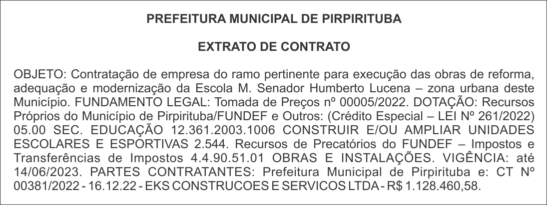 PREFEITURA MUNICIPAL DE PIRPIRITUBA – EXTRATO DE CONTRATO