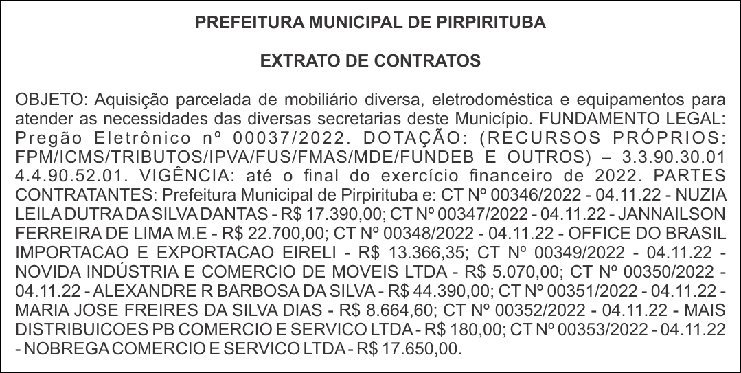 PREFEITURA MUNICIPAL DE PIRPIRITUBA – EXTRATO DE CONTRATOS