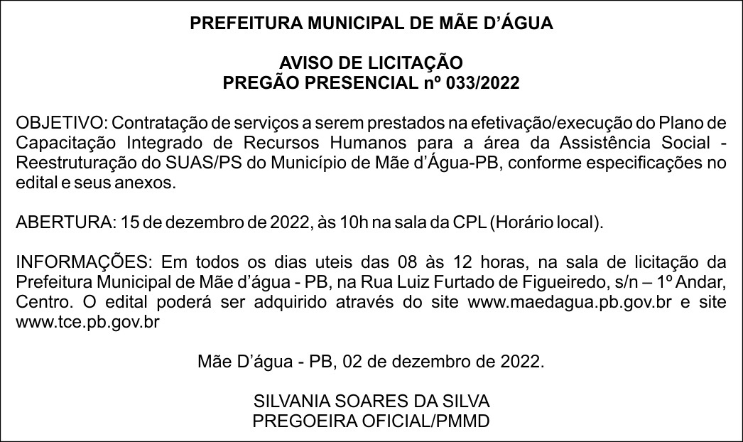 PREFEITURA MUNICIPAL DE MÃE D’ÁGUA – AVISO DE LICITAÇÃO – PREGÃO PRESENCIAL nº 033/2022