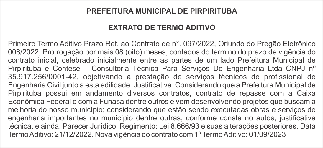 PREFEITURA MUNICIPAL DE PIRPIRITUBA – EXTRATO DE TERMO ADITIVO