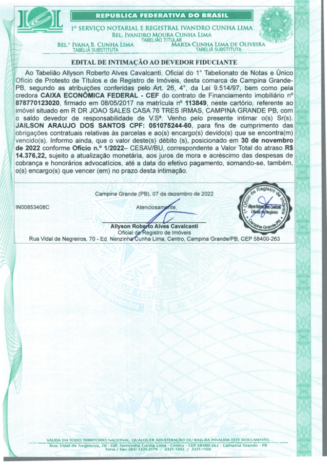 EDITAL DE INTIMAÇÃO AO DEVEDOR FIDUCIANTE