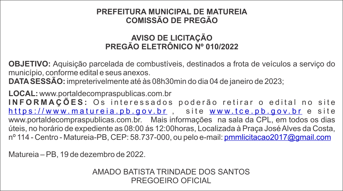 PREFEITURA MUNICIPAL DE MATUREIA – AVISO DE LICITAÇÃO – PREGÃO ELETRÔNICO Nº 010/2022