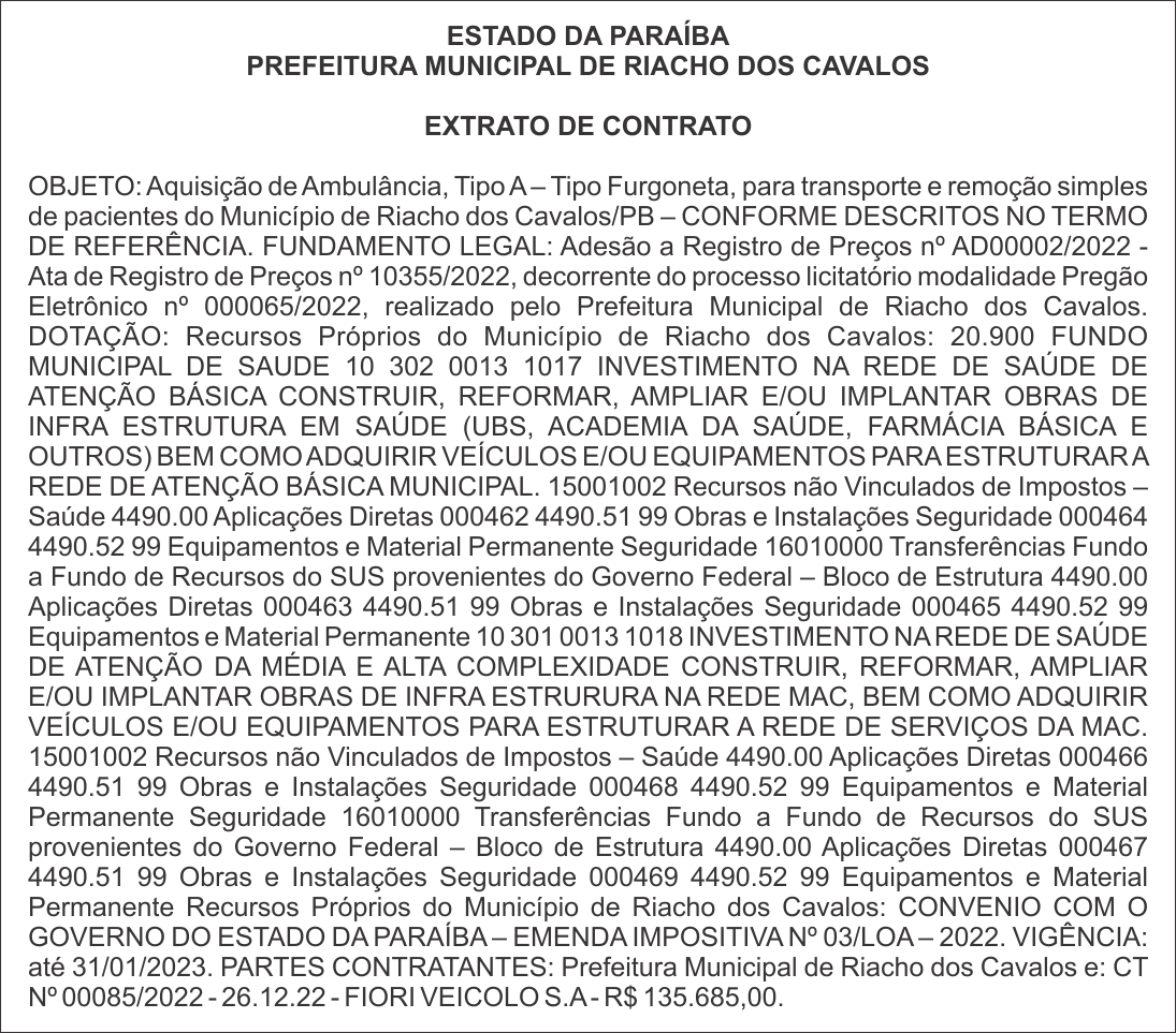 PREFEITURA MUNICIPAL DE RIACHO DOS CAVALOS – EXTRATO DE CONTRATO