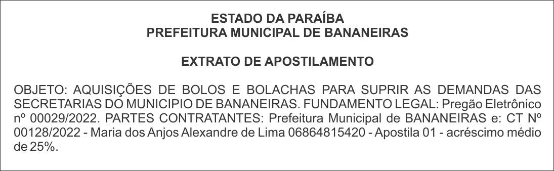 ESTADO DA PARAÍBA PREFEITURA MUNICIPAL DE BANANEIRAS – EXTRATO DE APOSTILAMENTO
