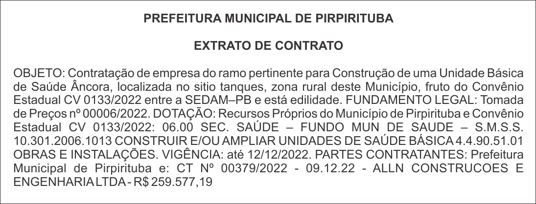 PREFEITURA MUNICIPAL DE PIRPIRITUBA – EXTRATO DE CONTRATO