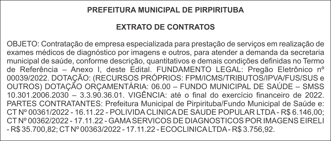 PREFEITURA MUNICIPAL DE PIRPIRITUBA – EXTRATO DE CONTRATOS