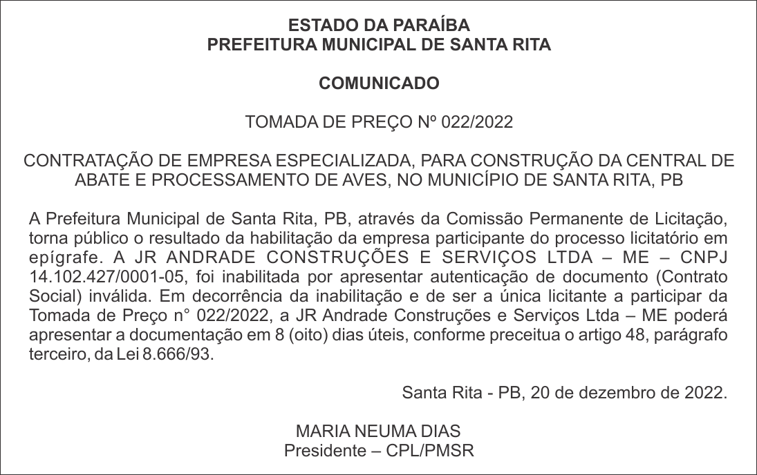 PREFEITURA MUNICIPAL DE SANTA RITA – COMUNICADO – TOMADA DE PREÇO Nº 022/2022