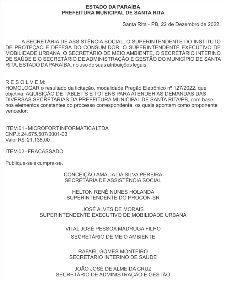 PREFEITURA MUNICIPAL DE SANTA RITA – HOMOLOGAÇÃO – PREGÃO ELETRÔNICO Nº 127/2022