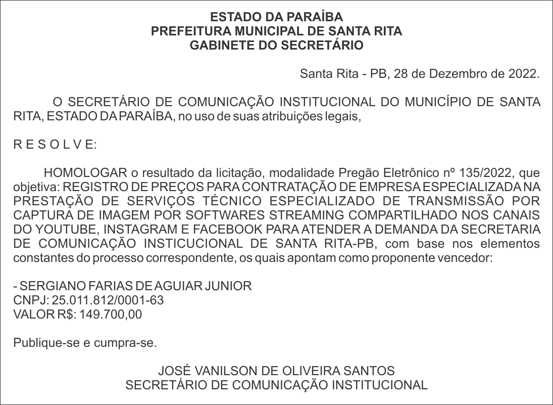PREFEITURA MUNICIPAL DE SANTA RITA – HOMOLOGAÇÃO – PREGÃO ELETRÔNICO Nº 135/2022