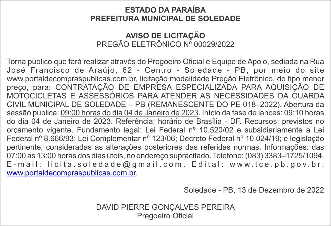 PREFEITURA MUNICIPAL DE SOLEDADE – AVISO DE LICITAÇÃO – PREGÃO ELETRÔNICO Nº 00029/2022