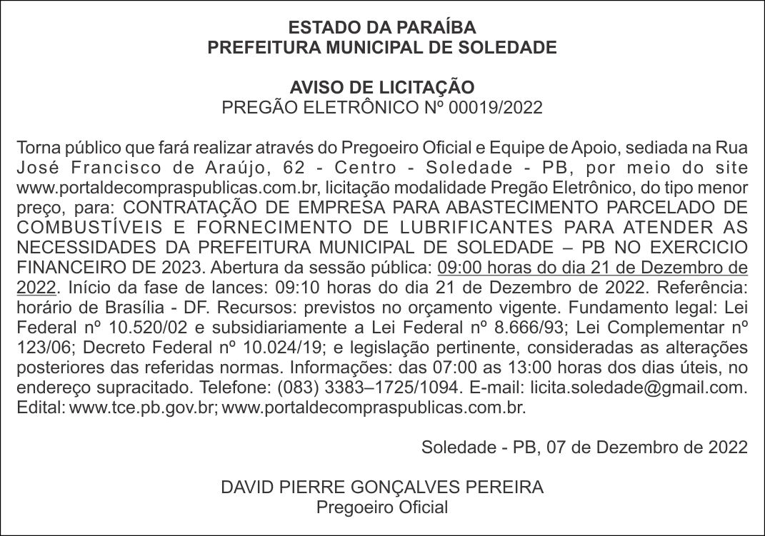 PREFEITURA MUNICIPAL DE SOLEDADE – AVISO DE LICITAÇÃO – PREGÃO ELETRÔNICO Nº 00019/2022