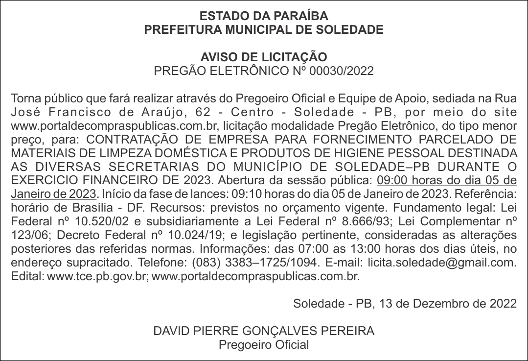 PREFEITURA MUNICIPAL DE SOLEDADE – AVISO DE LICITAÇÃO – PREGÃO ELETRÔNICO Nº 00030/2022