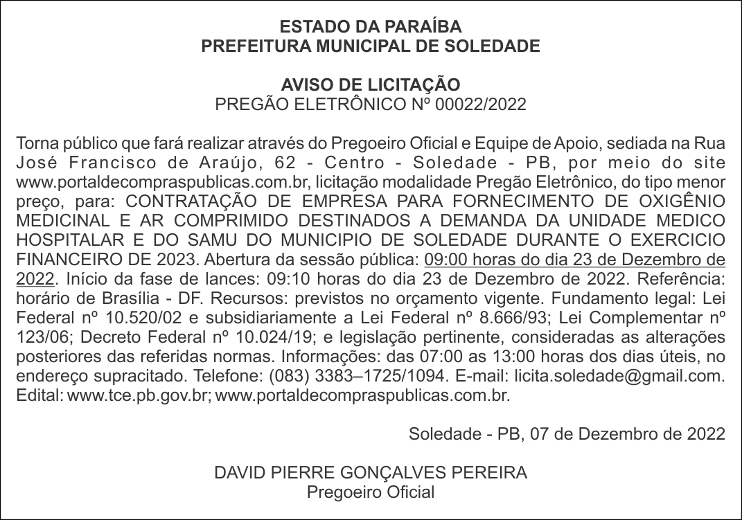 PREFEITURA MUNICIPAL DE SOLEDADE – AVISO DE LICITAÇÃO – PREGÃO ELETRÔNICO Nº 00022/2022