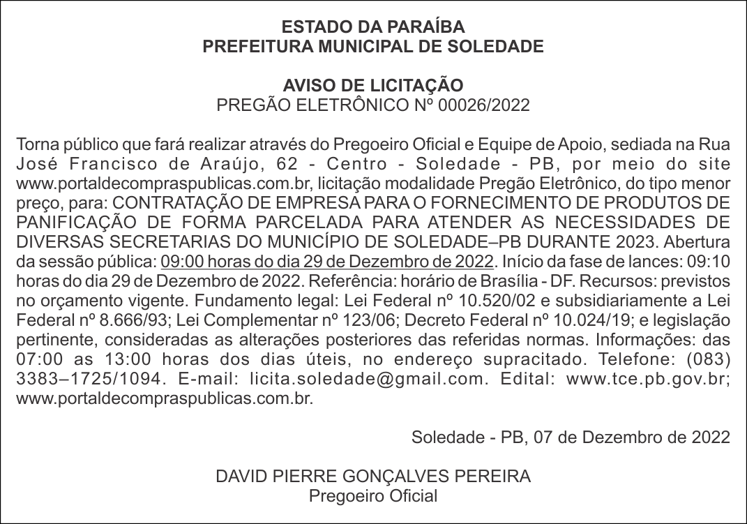 PREFEITURA MUNICIPAL DE SOLEDADE – AVISO DE LICITAÇÃO – PREGÃO ELETRÔNICO Nº 00026/2022