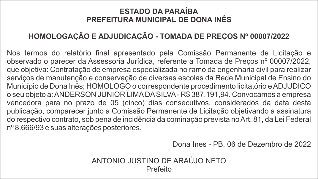 PREFEITURA MUNICIPAL DE DONA INÊS – HOMOLOGAÇÃO E ADJUDICAÇÃO – TOMADA DE PREÇOS Nº 00007/2022