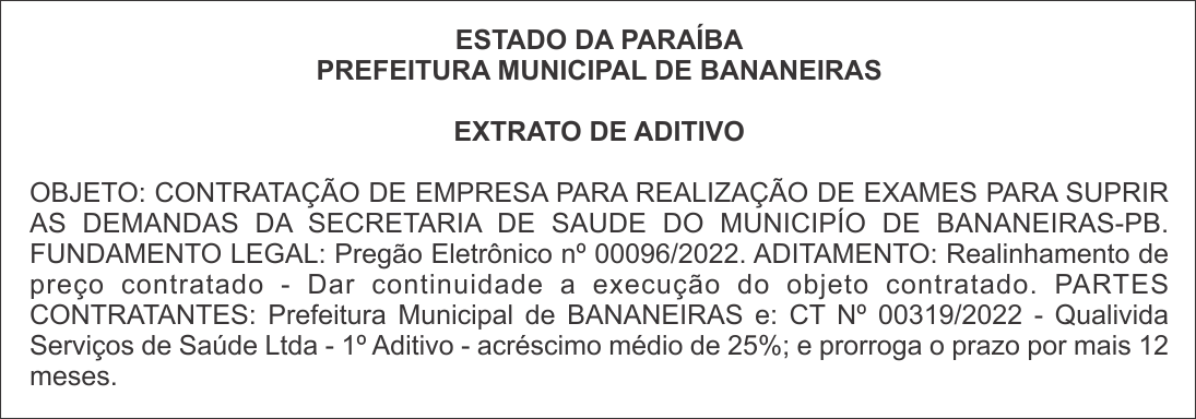 ESTADO DA PARAÍBA PREFEITURA MUNICIPAL DE BANANEIRAS  – EXTRATO DE ADITIVO